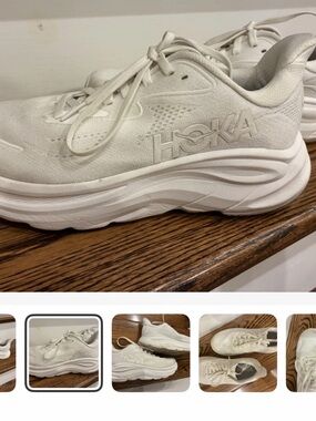 Hoka White and Light Gray Cushioned Running Sneakers
